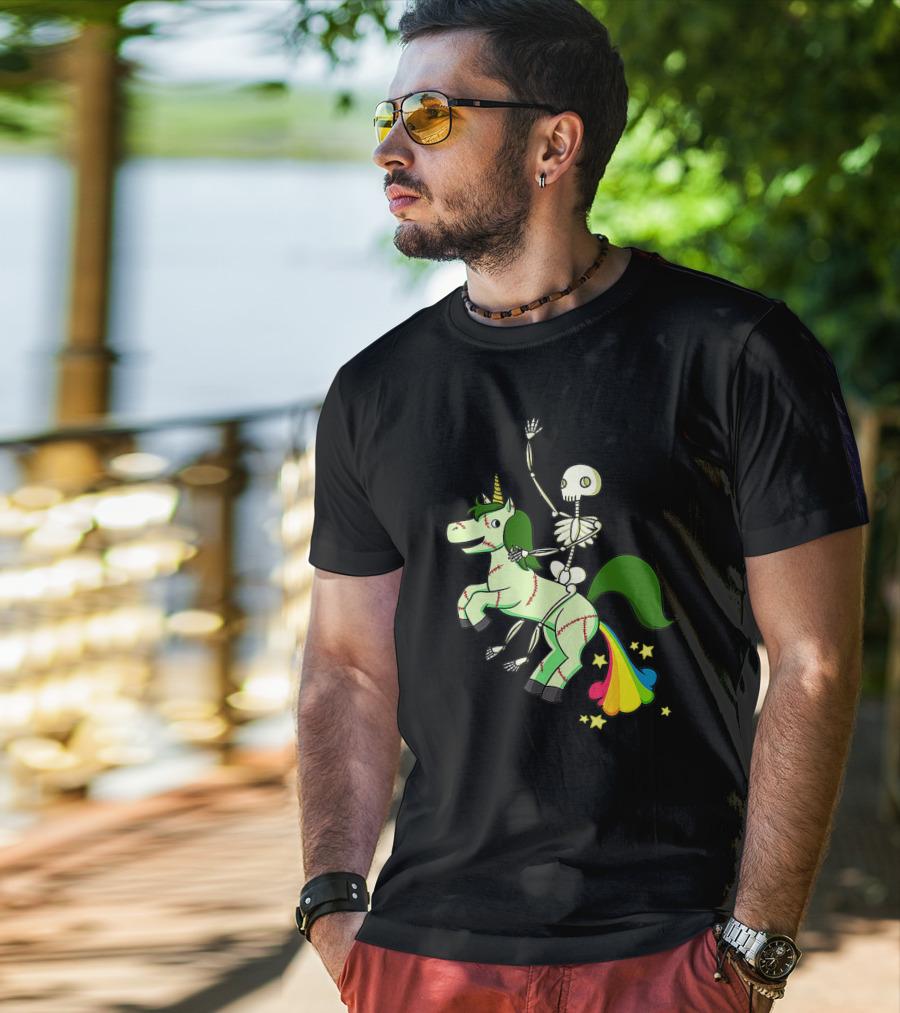 Skull Skeleton Riding Zombie Unicorn With Rainbow Tail And Green Mane T-Shirt