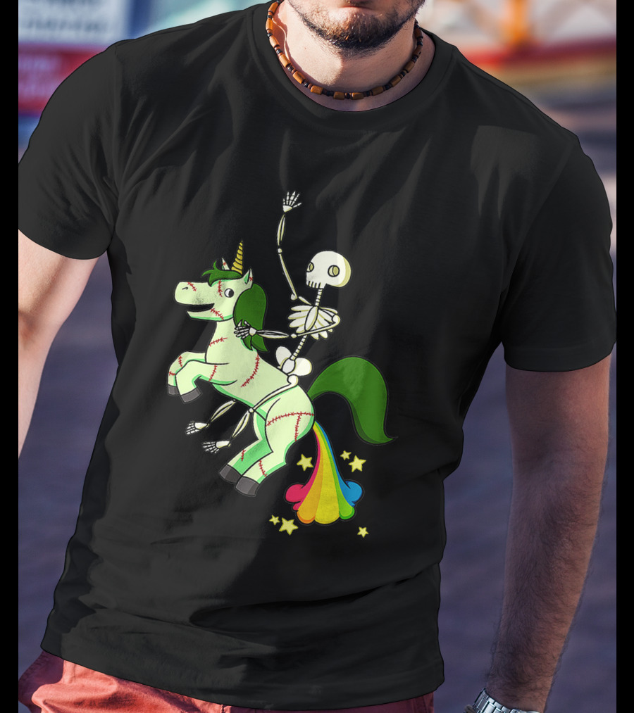 Skull Skeleton Riding Zombie Unicorn With Rainbow Tail And Green Mane T-Shirt