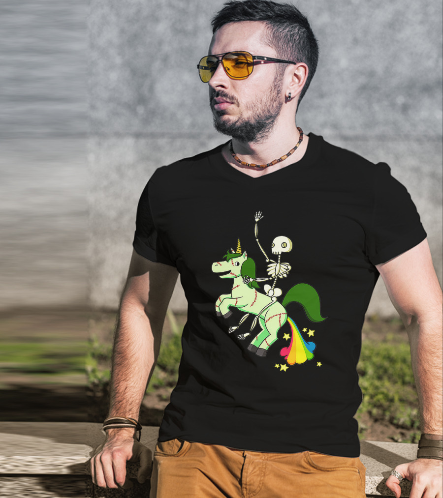 Skull Skeleton Riding Zombie Unicorn With Rainbow Tail And Green Mane T-Shirt