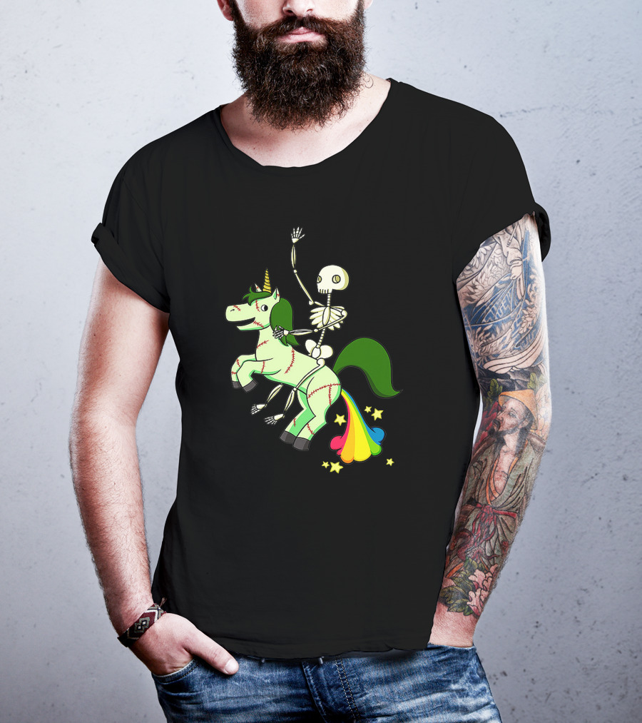 Skull Skeleton Riding Zombie Unicorn With Rainbow Tail And Green Mane T-Shirt