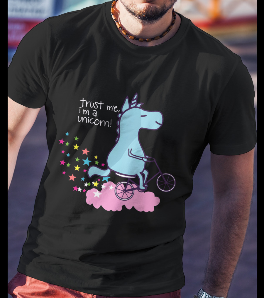 Trust Me I'm A Unicorn Riding Bicycle On Pink Cloud With Colorful Stars T-Shirt