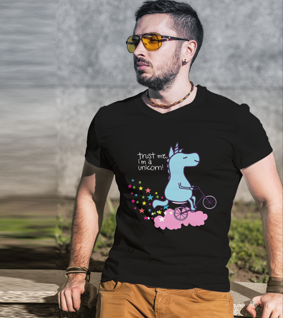 Trust Me I'm A Unicorn Riding Bicycle On Pink Cloud With Colorful Stars T-Shirt