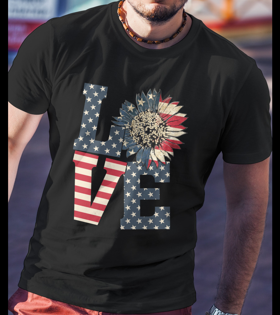Sunflower Love American Flag Stars And Stripes Flower T-Shirt
