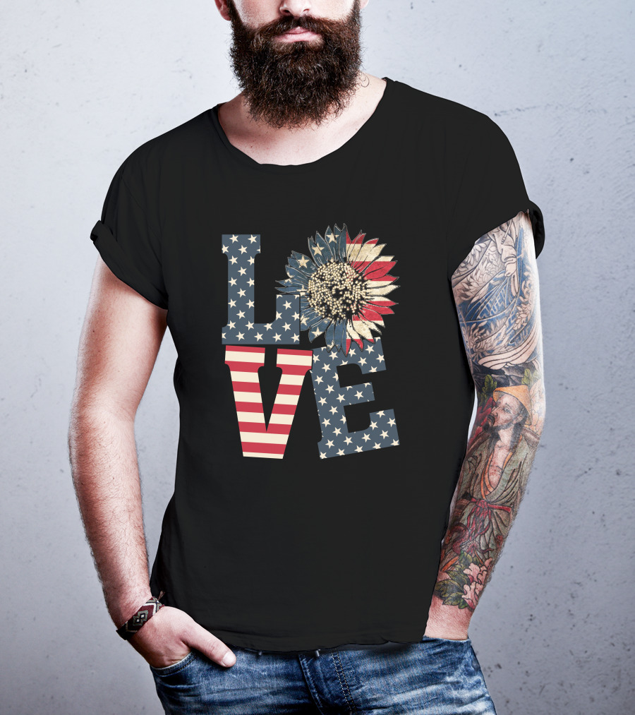Sunflower Love American Flag Stars And Stripes Flower T-Shirt
