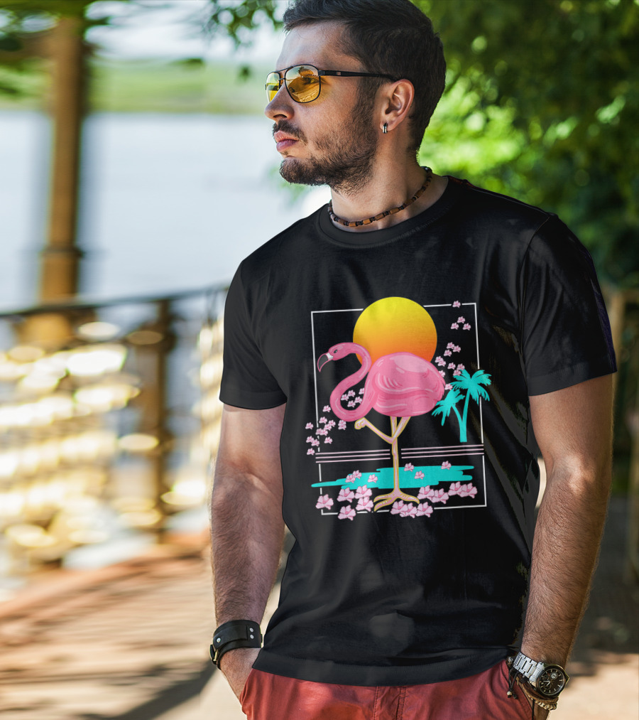 Flamingo Tropical Flowers And Sunset Scene T-Shirt