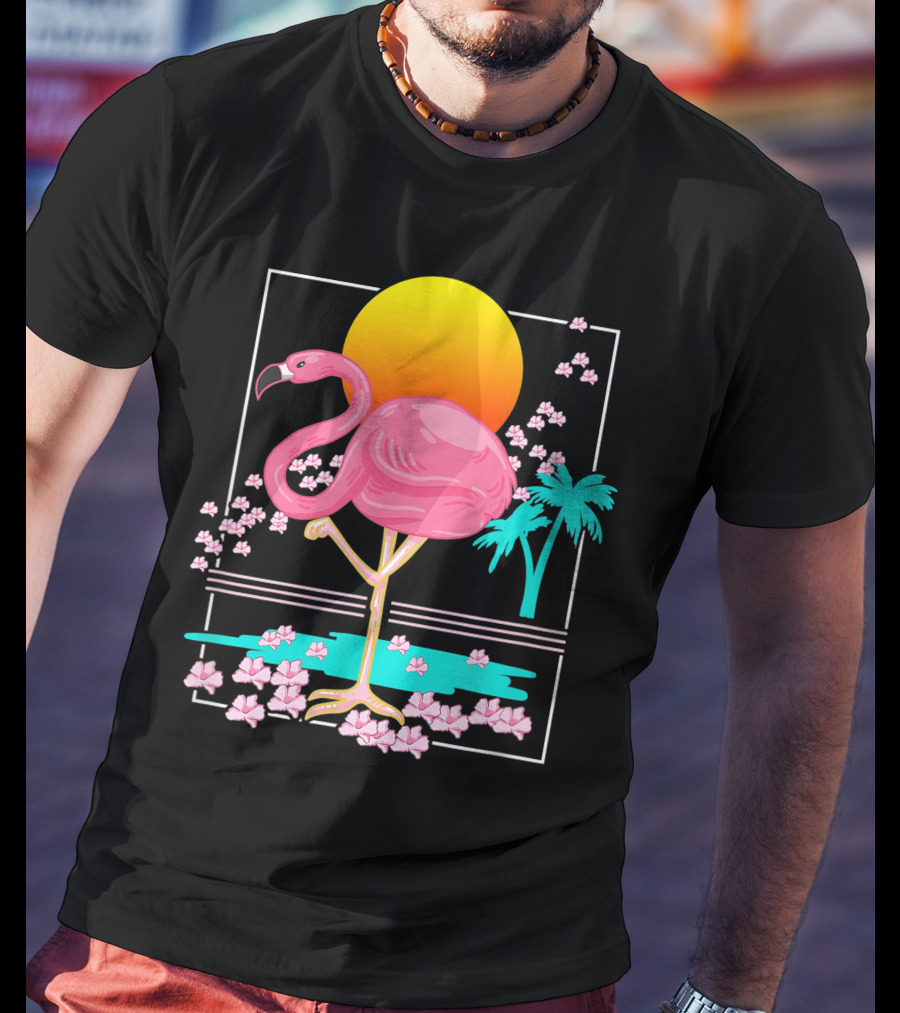 Flamingo Tropical Flowers And Sunset Scene T-Shirt
