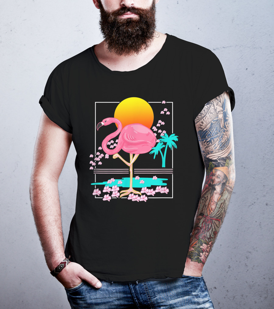 Flamingo Tropical Flowers And Sunset Scene T-Shirt