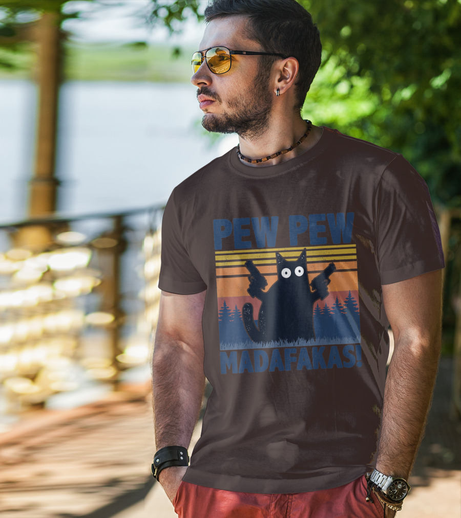 Pew Pew Madafakas Funny Vintage Cat With Guns Retro Forest Background T-Shirt