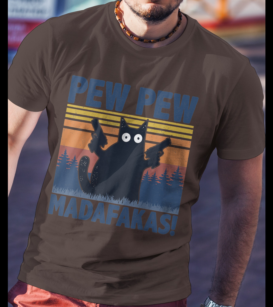 Pew Pew Madafakas Funny Vintage Cat With Guns Retro Forest Background T-Shirt