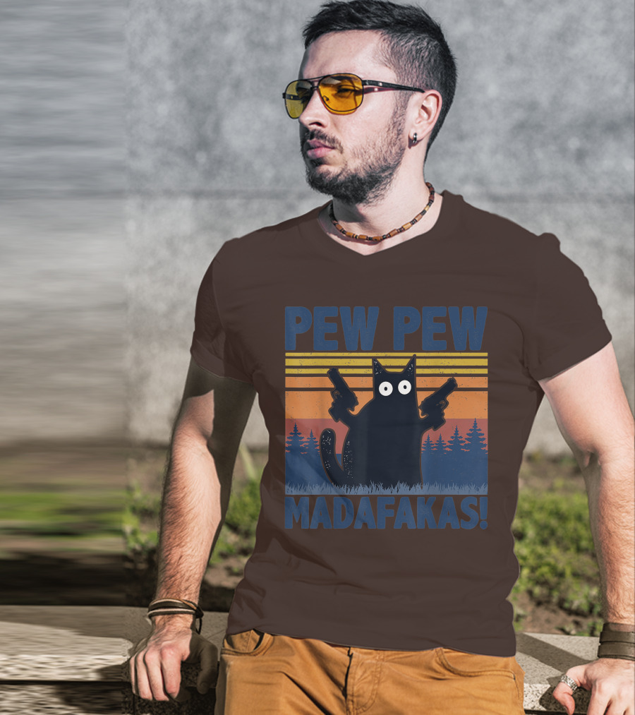 Pew Pew Madafakas Funny Vintage Cat With Guns Retro Forest Background T-Shirt