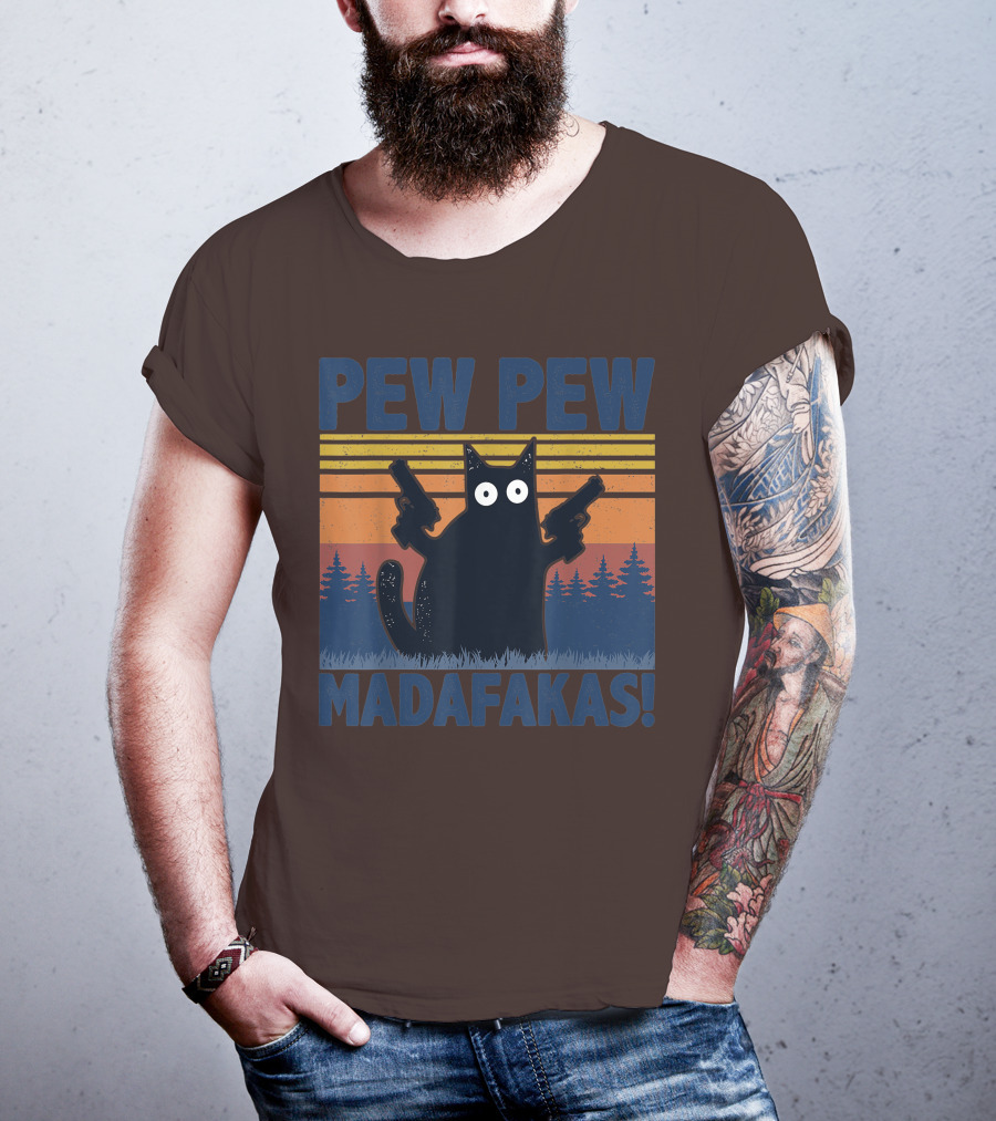Pew Pew Madafakas Funny Vintage Cat With Guns Retro Forest Background T-Shirt