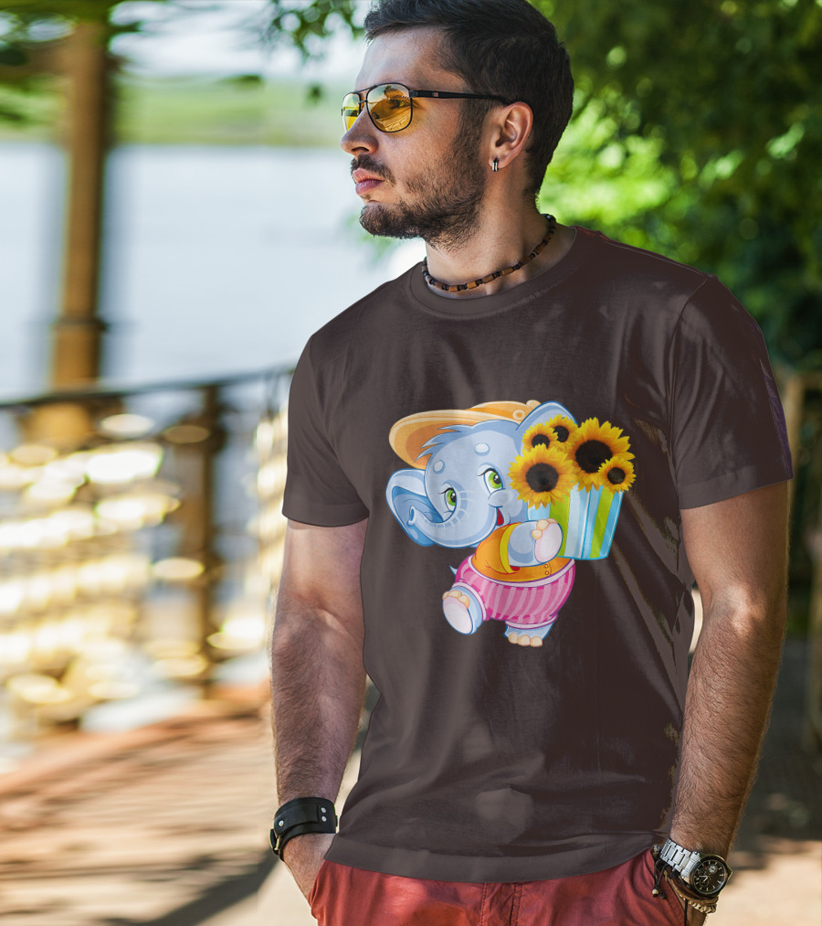 Cute Baby Elephant With Sunflowers And Pink Striped Shorts T-Shirt