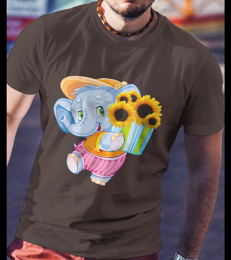 Cute Baby Elephant With Sunflowers And Pink Striped Shorts T-Shirt