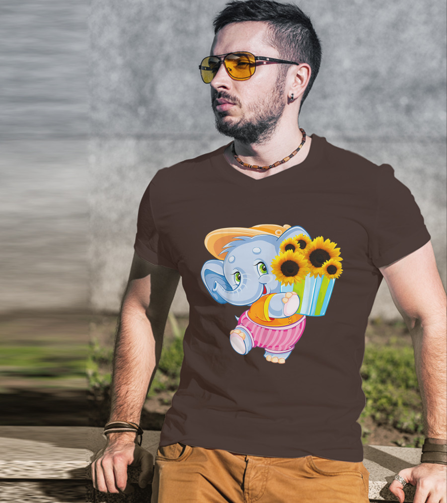 Cute Baby Elephant With Sunflowers And Pink Striped Shorts T-Shirt