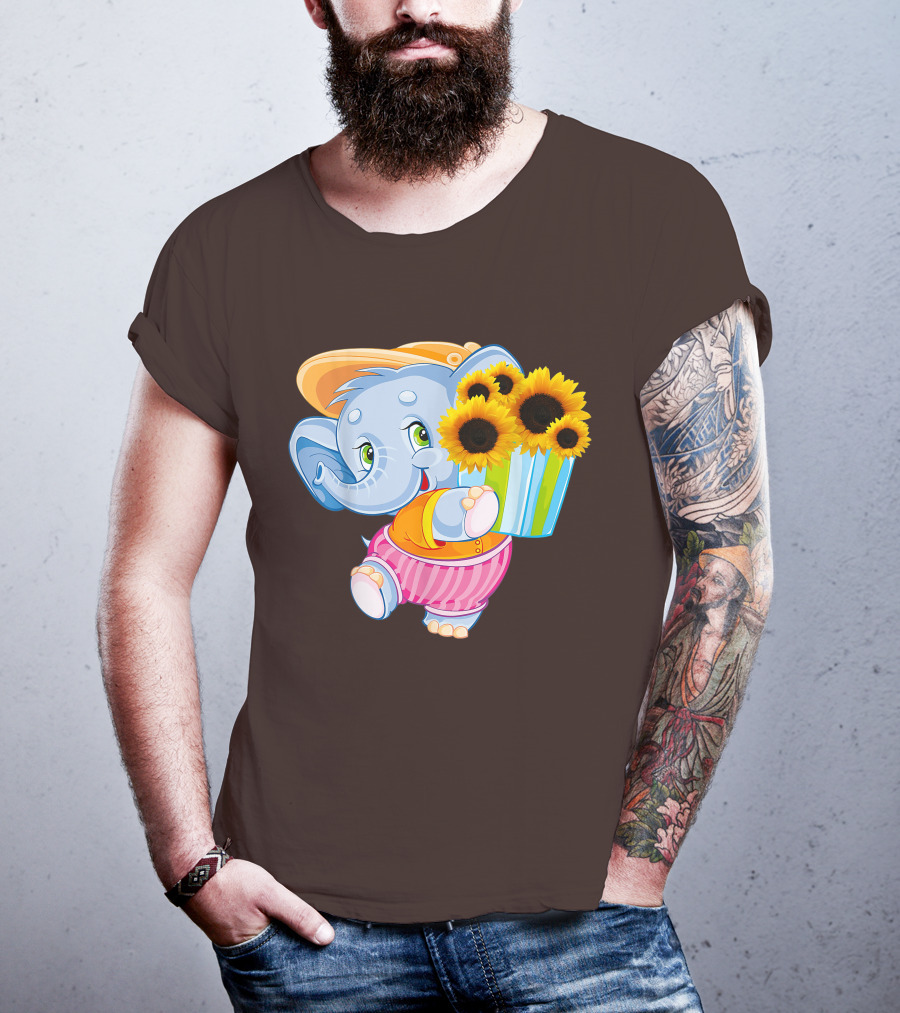 Cute Baby Elephant With Sunflowers And Pink Striped Shorts T-Shirt