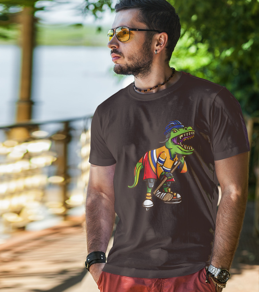 Roller Skates Hockey Dinosaur In Uniform With Stick And Helmet T-Shirt