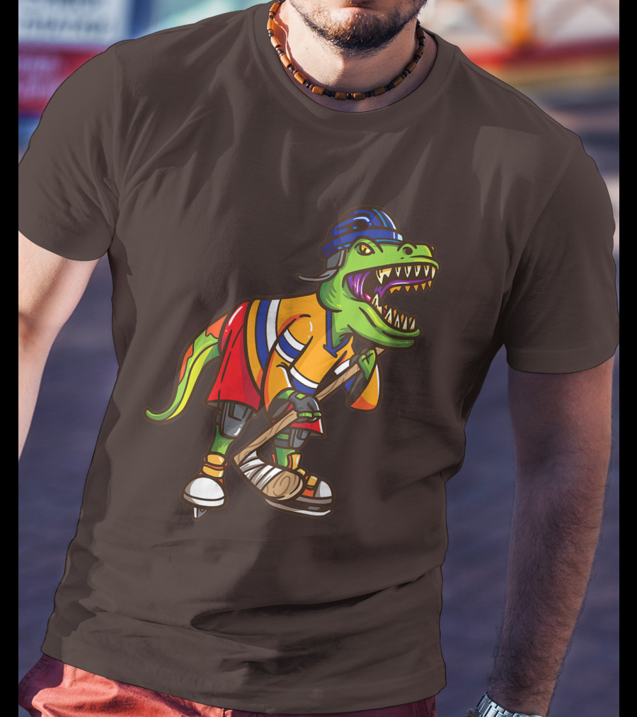 Roller Skates Hockey Dinosaur In Uniform With Stick And Helmet T-Shirt