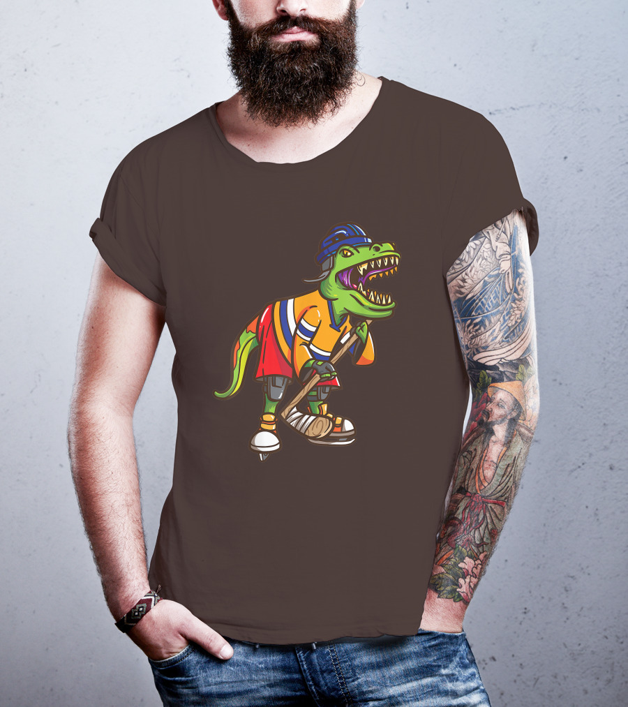 Roller Skates Hockey Dinosaur In Uniform With Stick And Helmet T-Shirt