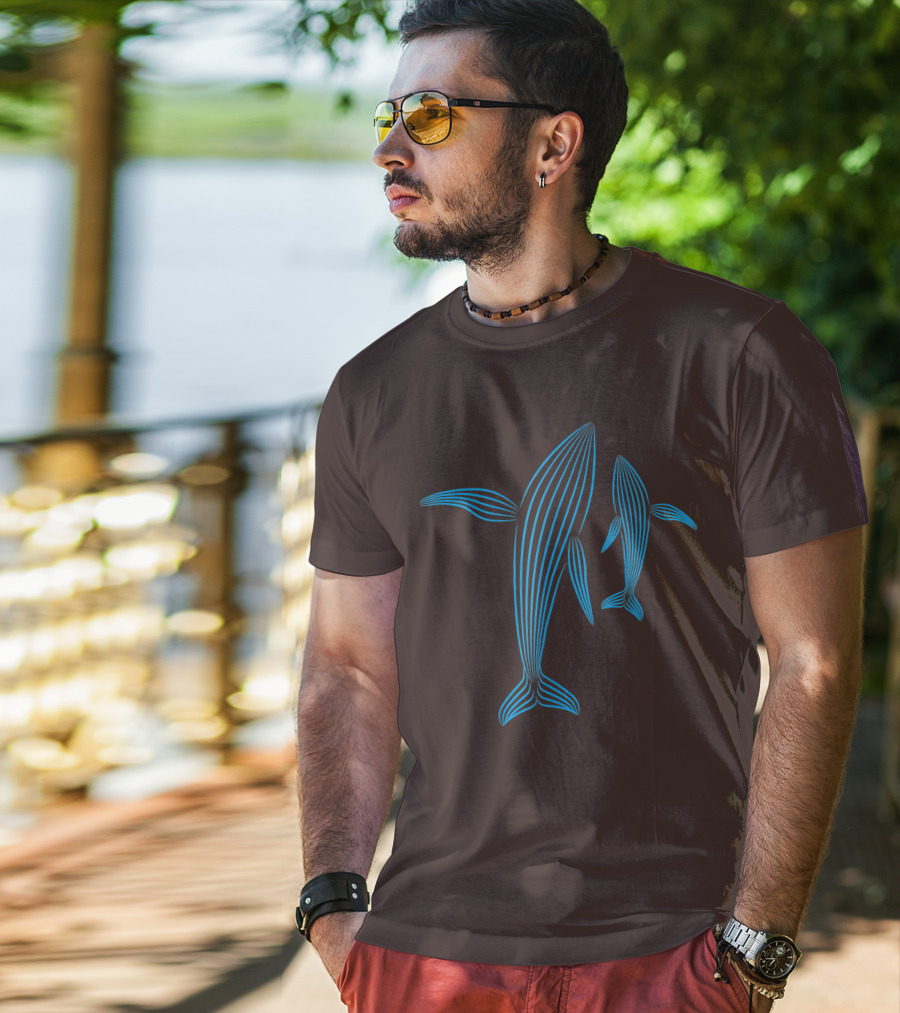Save The Whales Blue Line Art Humpback Whale Pair Awareness T-Shirt