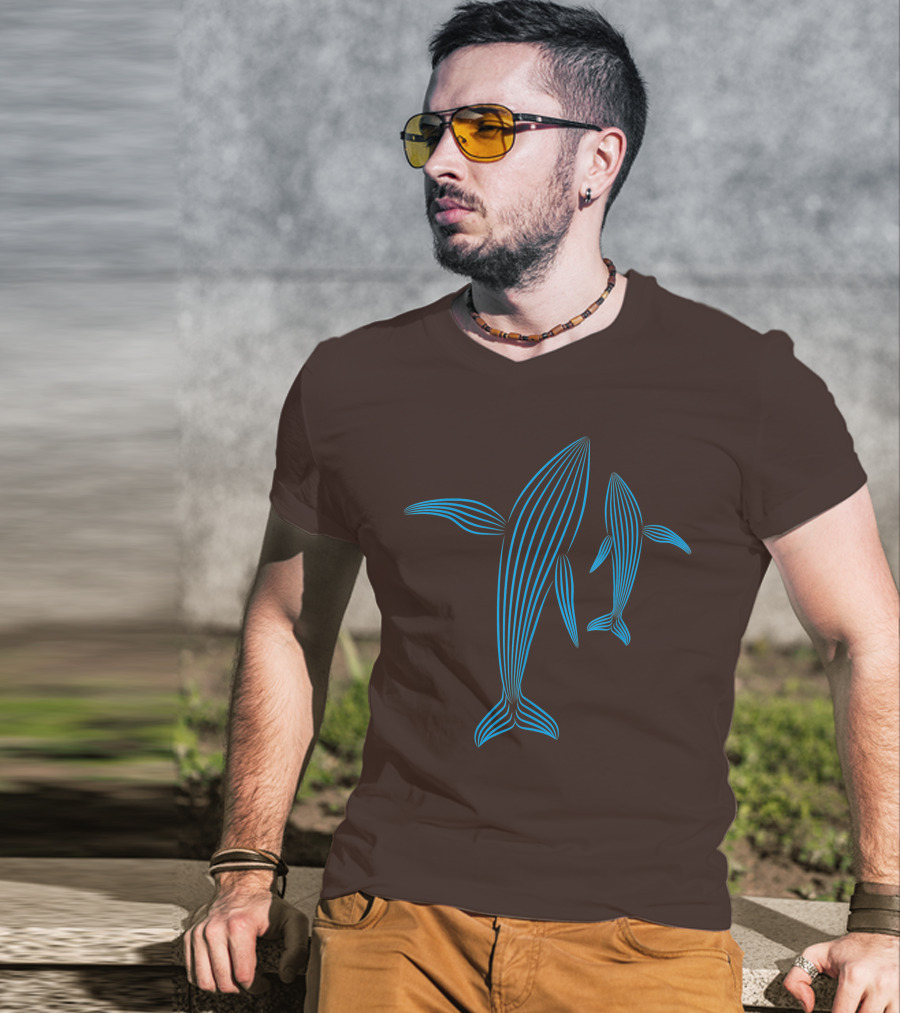 Save The Whales Blue Line Art Humpback Whale Pair Awareness T-Shirt