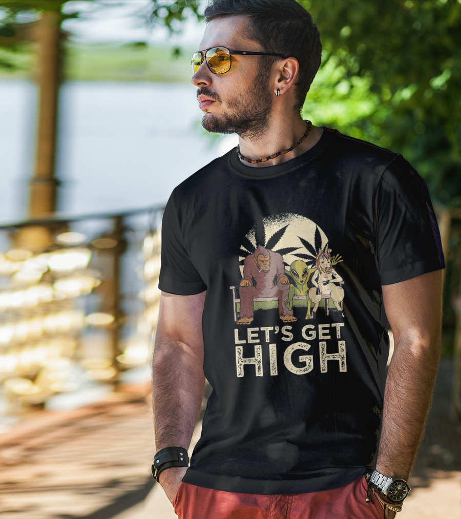 Let's Get High Bigfoot Alien Unicorn Baked Weed T-Shirt