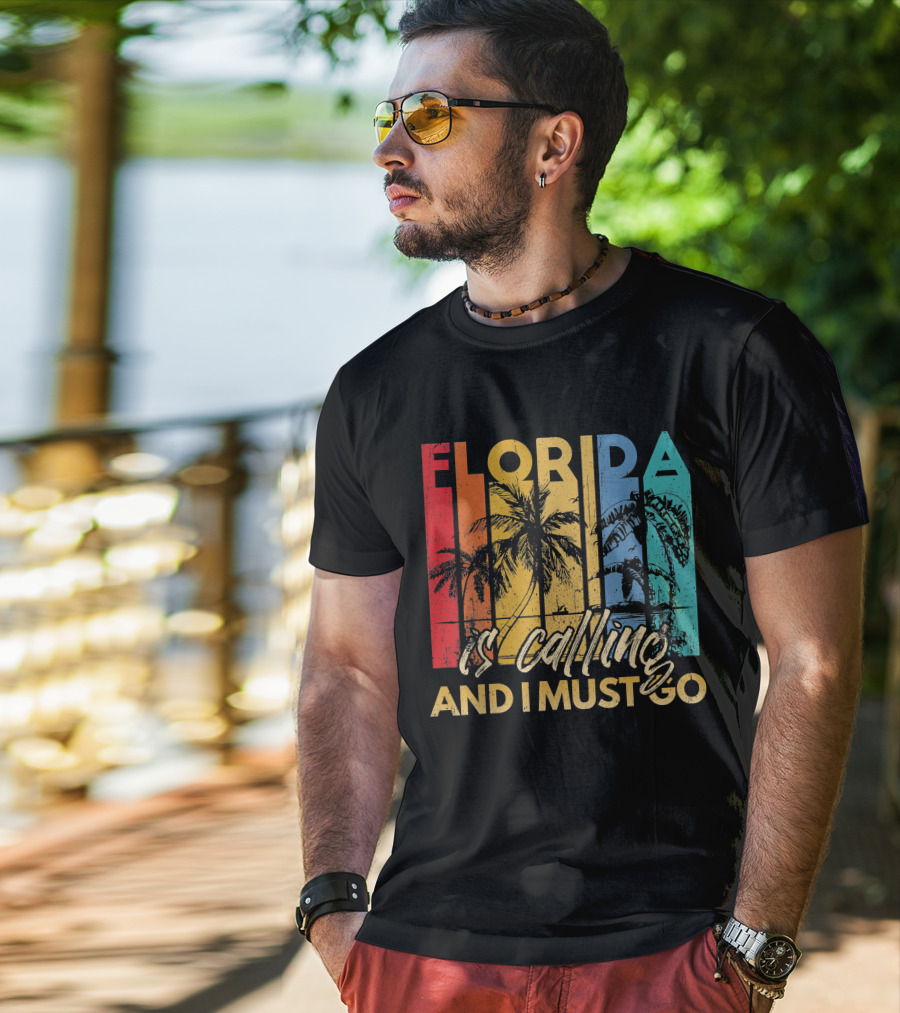 Florida Is Calling And I Must Go Beach Vacation Summer Retro Palm Trees T-Shirt