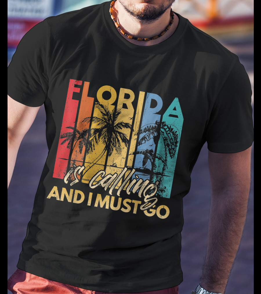 Florida Is Calling And I Must Go Beach Vacation Summer Retro Palm Trees T-Shirt