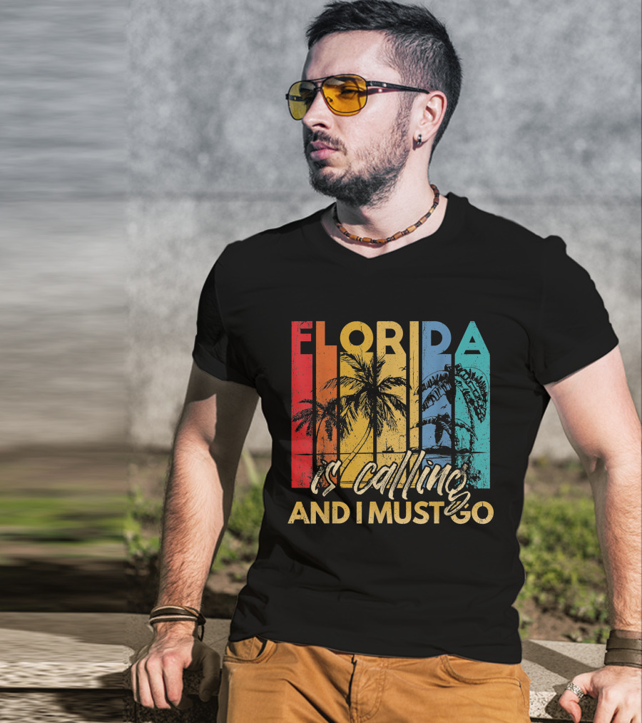 Florida Is Calling And I Must Go Beach Vacation Summer Retro Palm Trees T-Shirt