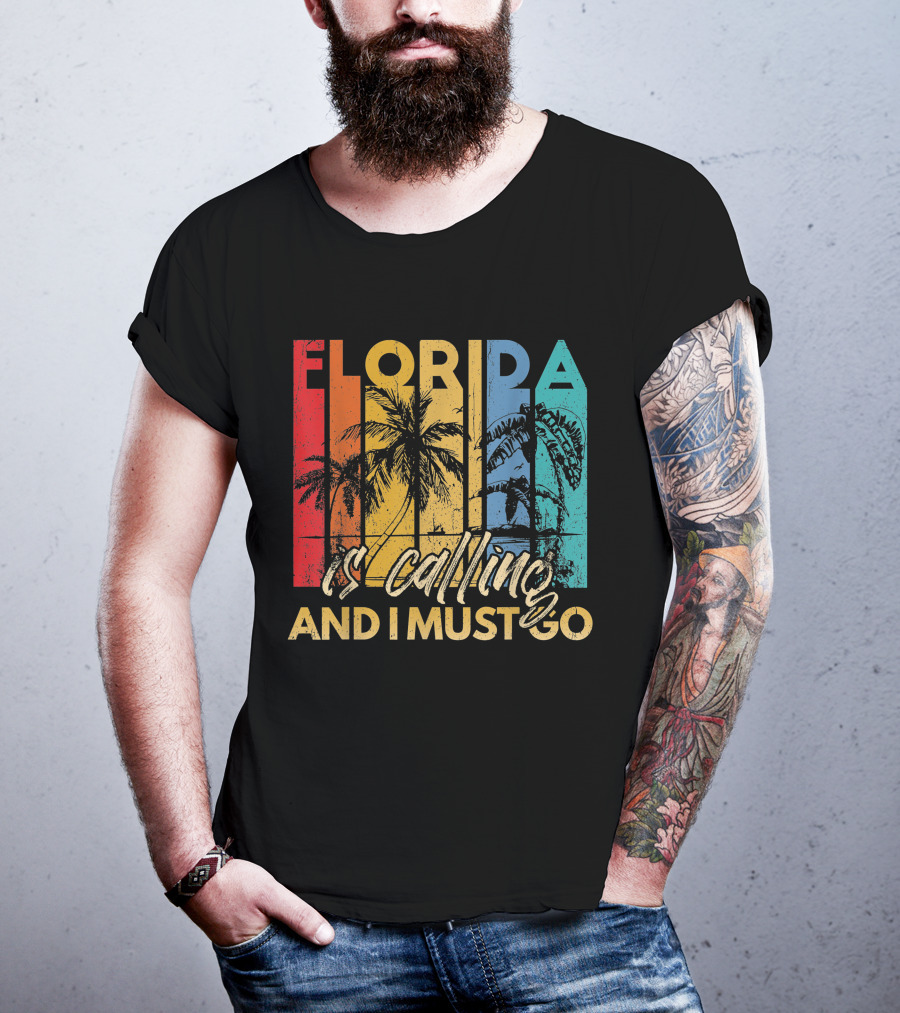 Florida Is Calling And I Must Go Beach Vacation Summer Retro Palm Trees T-Shirt