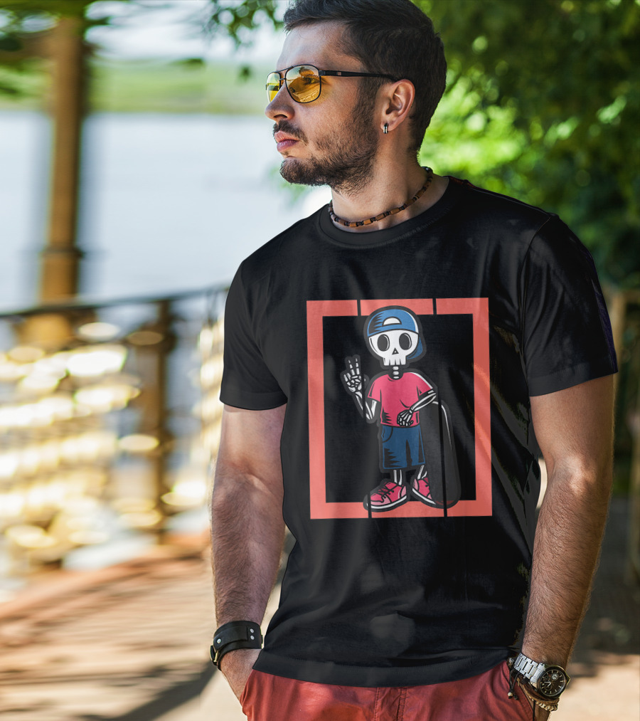 Scary Freaky Spooky Creepy Halloween Skeleton Skater Kid In Cap And Red Sneakers T-Shirt