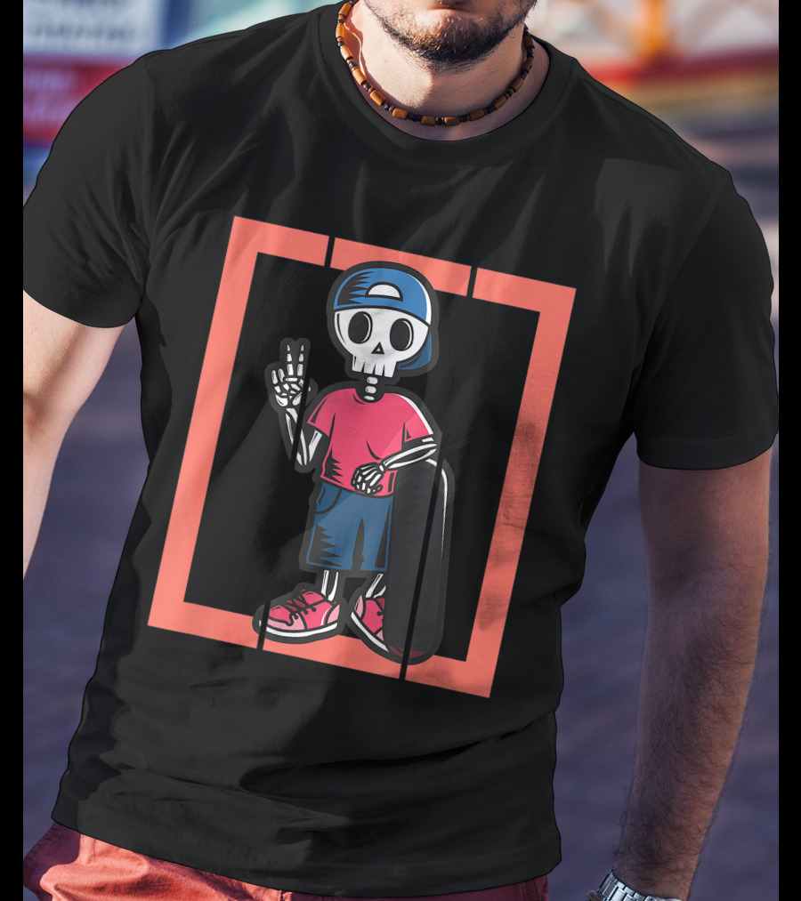 Scary Freaky Spooky Creepy Halloween Skeleton Skater Kid In Cap And Red Sneakers T-Shirt