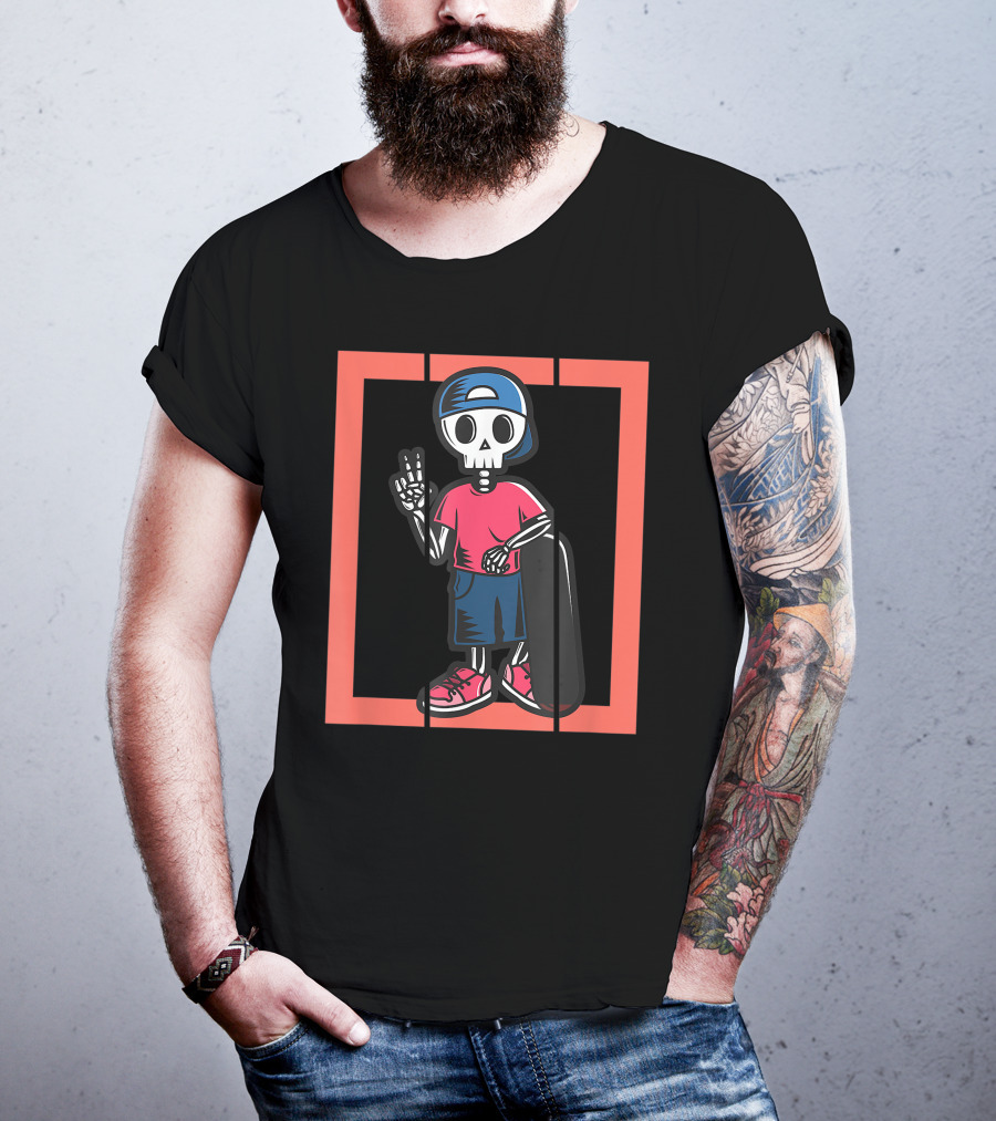 Scary Freaky Spooky Creepy Halloween Skeleton Skater Kid In Cap And Red Sneakers T-Shirt