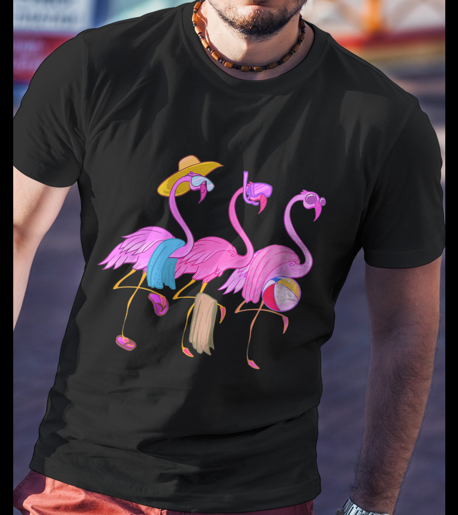 Funny Beach Flamingos Towels Cool Summer Bird Fan With Hat And Beach Ball T-Shirt