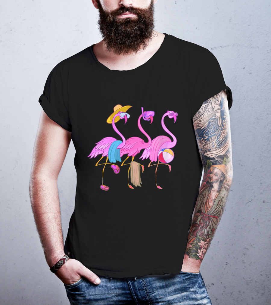 Funny Beach Flamingos Towels Cool Summer Bird Fan With Hat And Beach Ball T-Shirt