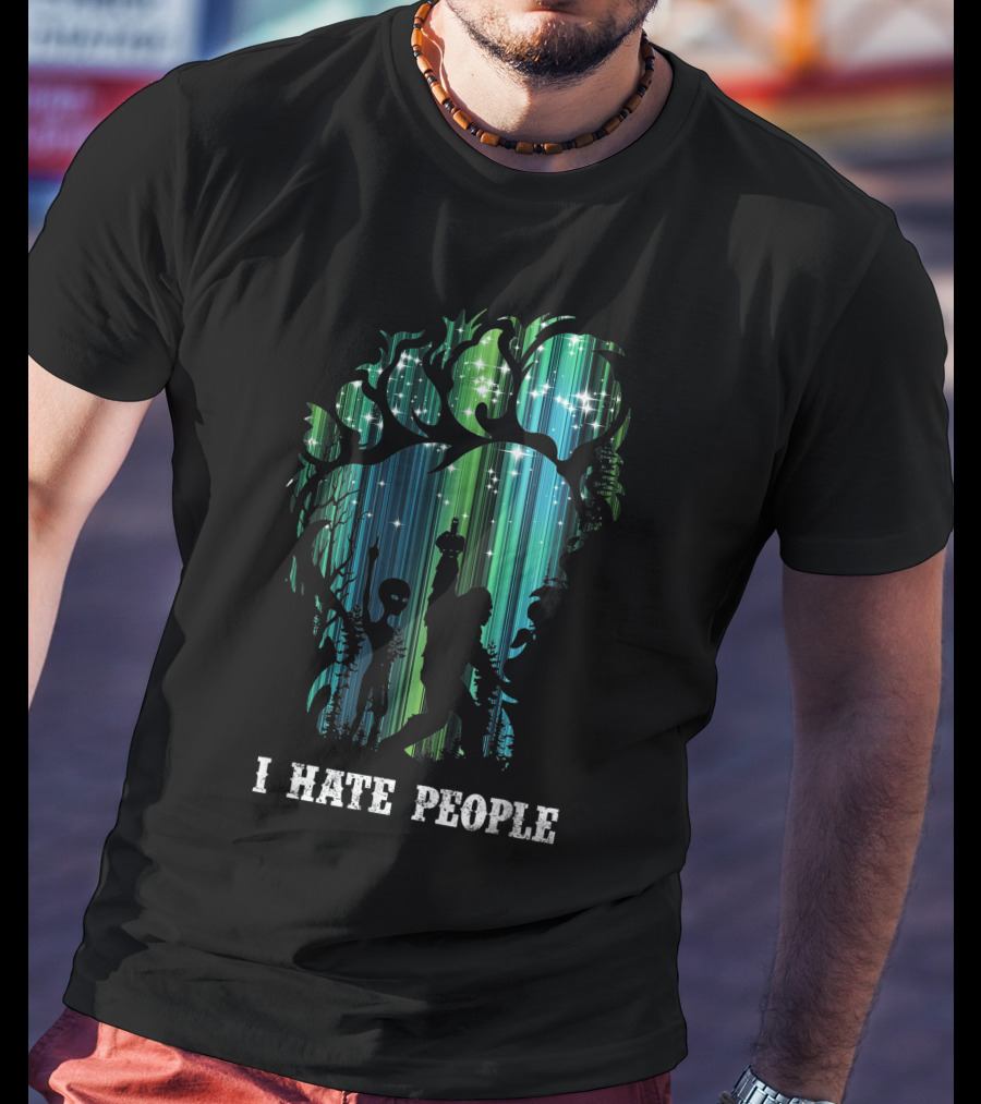 Alien Bigfoot Middle Finger I Hate People Camping Forest Scene T-Shirt