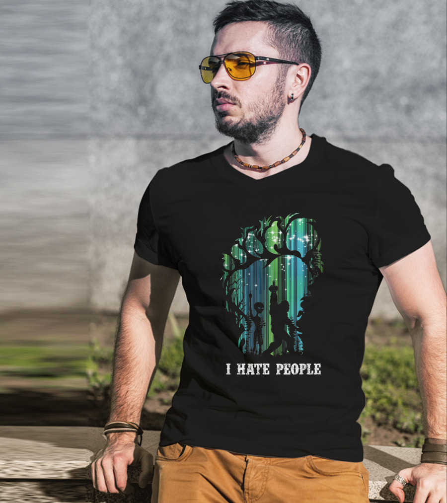 Alien Bigfoot Middle Finger I Hate People Camping Forest Scene T-Shirt