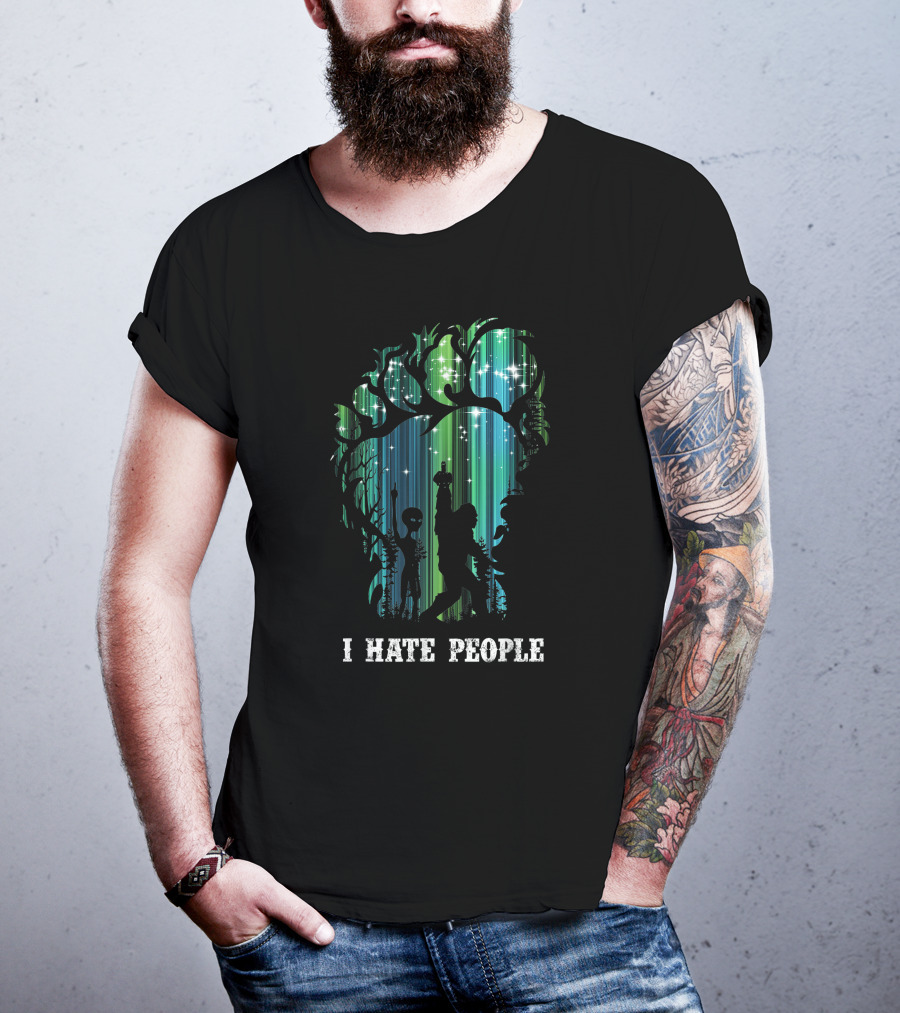 Alien Bigfoot Middle Finger I Hate People Camping Forest Scene T-Shirt