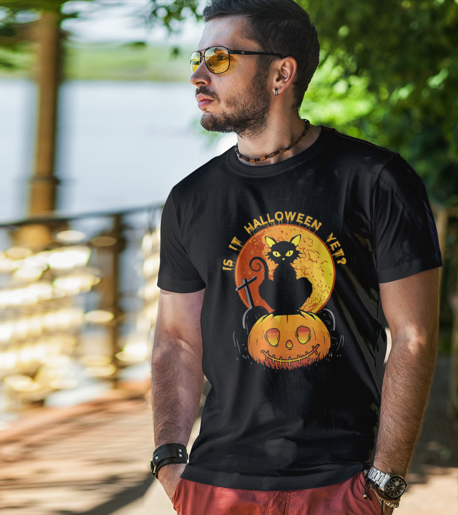 Is It Halloween Yet Funny Cat Pumpkin With Full Moon And Witch's Broom T-Shirt