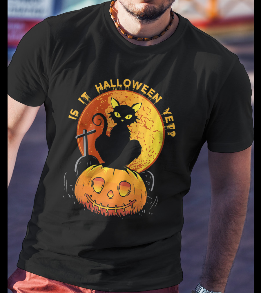 Is It Halloween Yet Funny Cat Pumpkin With Full Moon And Witch's Broom T-Shirt