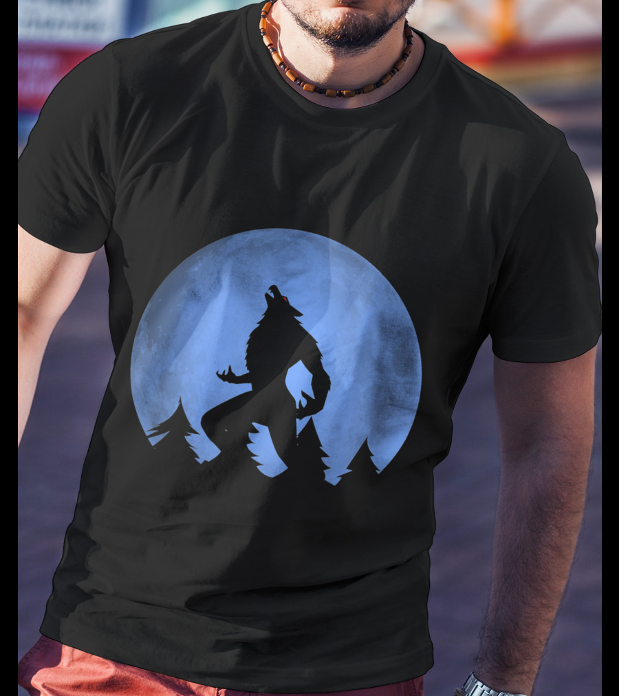 Werewolf Silhouette Howling At Full Blue Moon With Forest Background T-Shirt