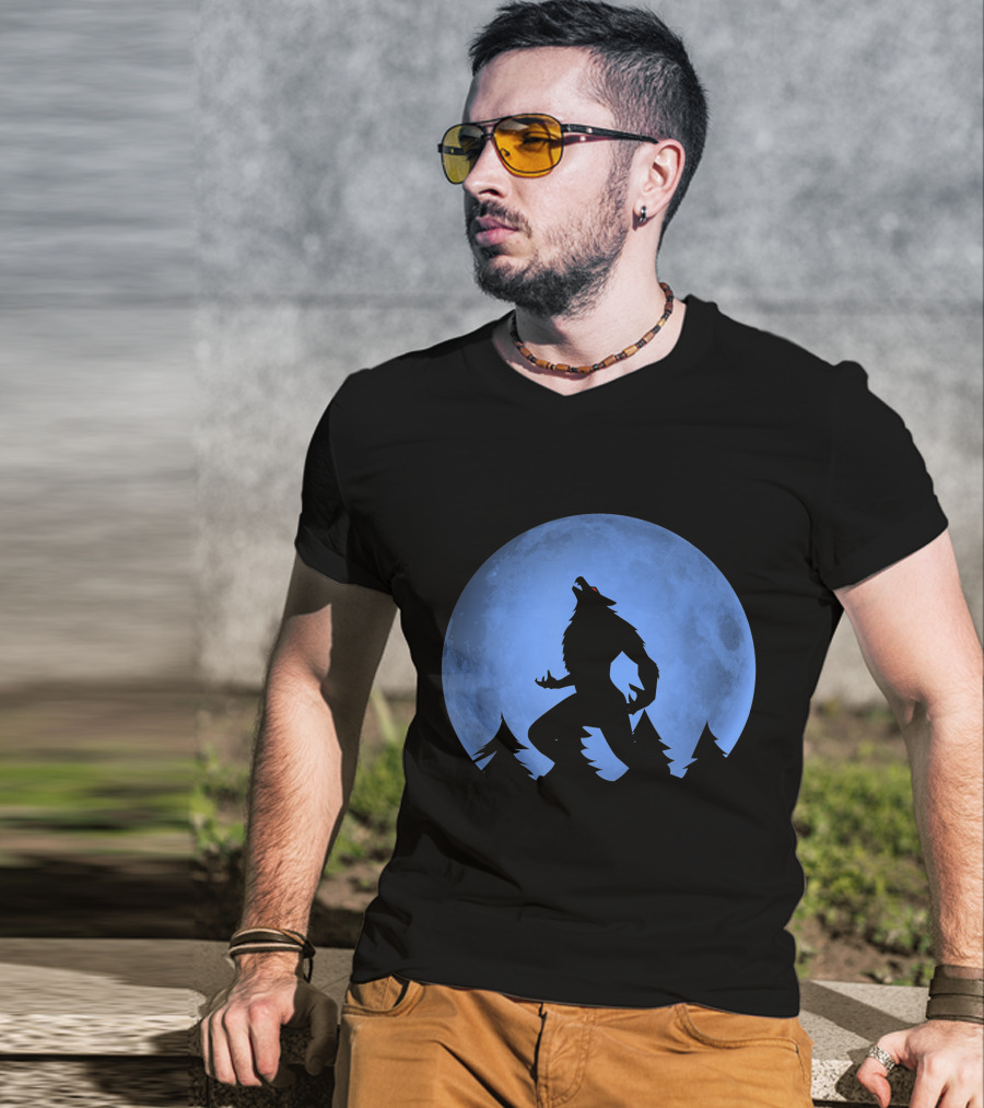 Werewolf Silhouette Howling At Full Blue Moon With Forest Background T-Shirt
