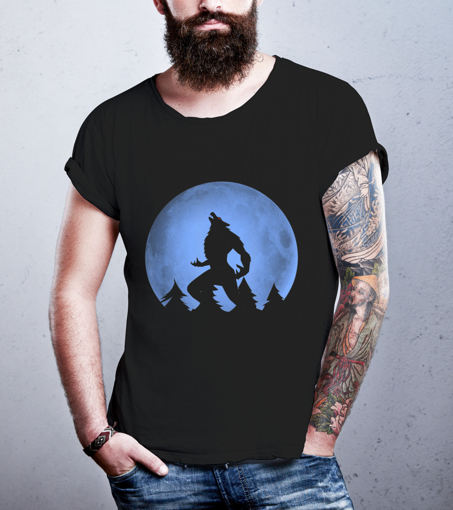 Werewolf Silhouette Howling At Full Blue Moon With Forest Background T-Shirt
