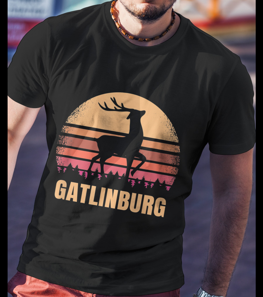 Gatlinburg Tennessee Vintage Deer Silhouette With Distressed Sunset Background T-Shirt