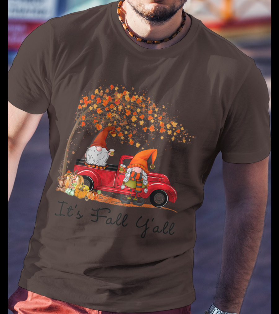 It's Fall Y'all Cute Gnomes Pumpkin Autumn Tree Fall Leaves Red Truck T-Shirt