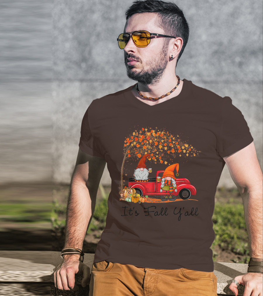 It's Fall Y'all Cute Gnomes Pumpkin Autumn Tree Fall Leaves Red Truck T-Shirt
