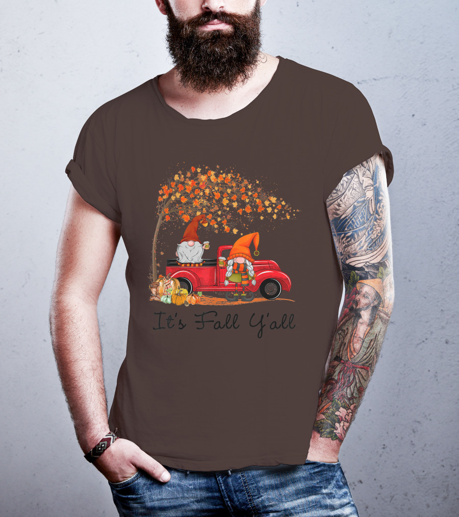 It's Fall Y'all Cute Gnomes Pumpkin Autumn Tree Fall Leaves Red Truck T-Shirt