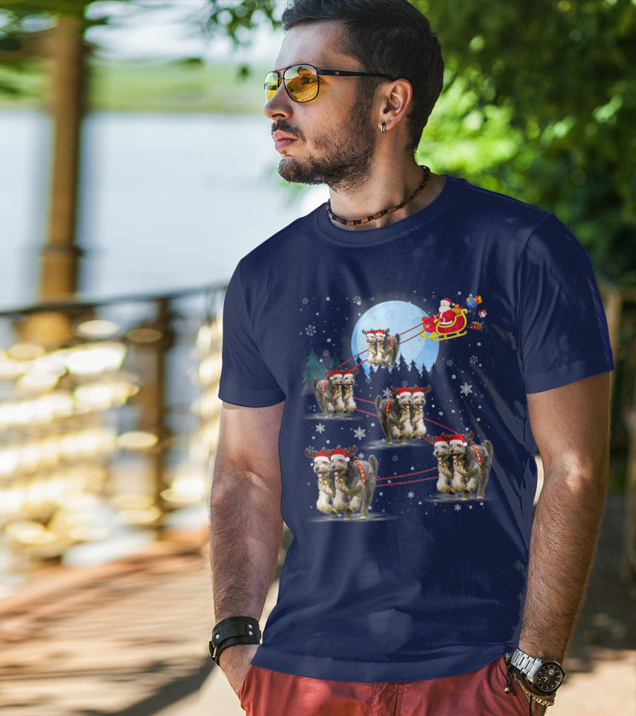 Funny Reindeer Santa With Dogs Pulling Sleigh By Moonlight T-Shirt