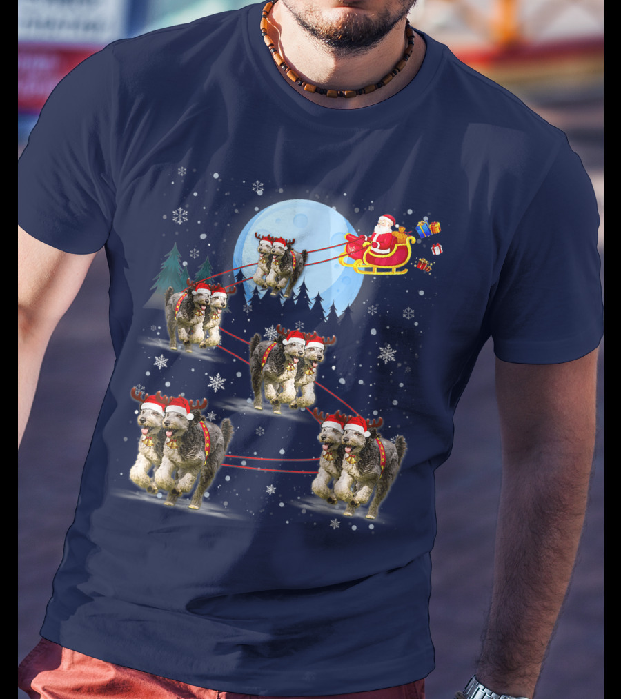 Funny Reindeer Santa With Dogs Pulling Sleigh By Moonlight T-Shirt