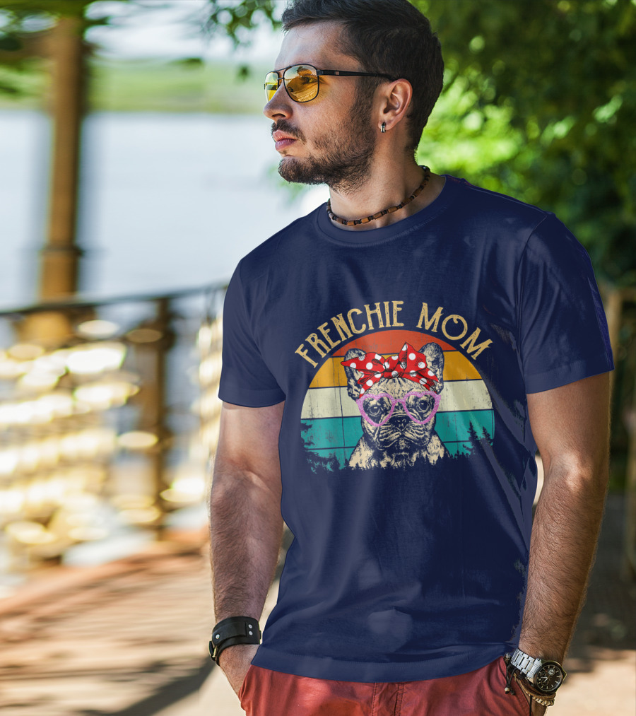 Frenchie Mom Retro Sunset Heart Glasses Bow T-Shirt