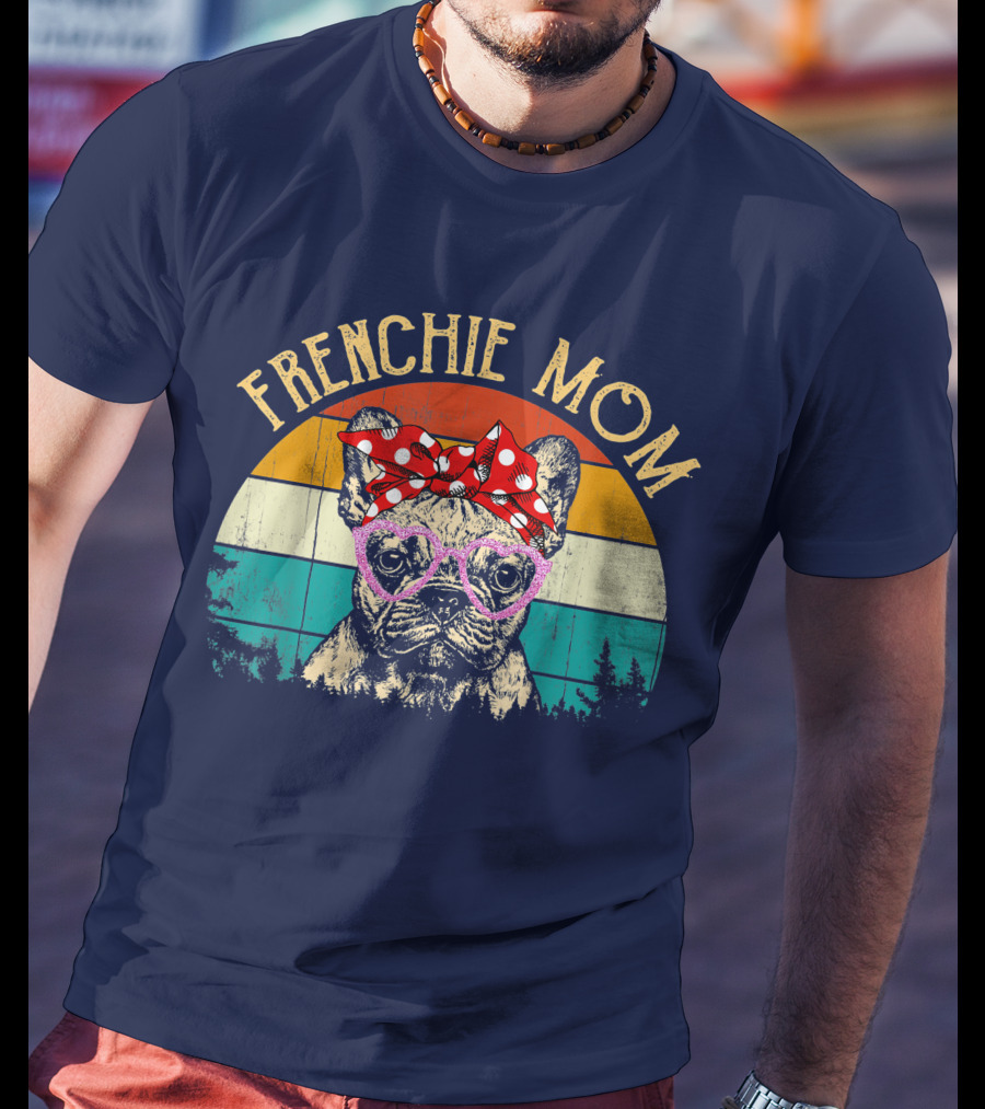 Frenchie Mom Retro Sunset Heart Glasses Bow T-Shirt